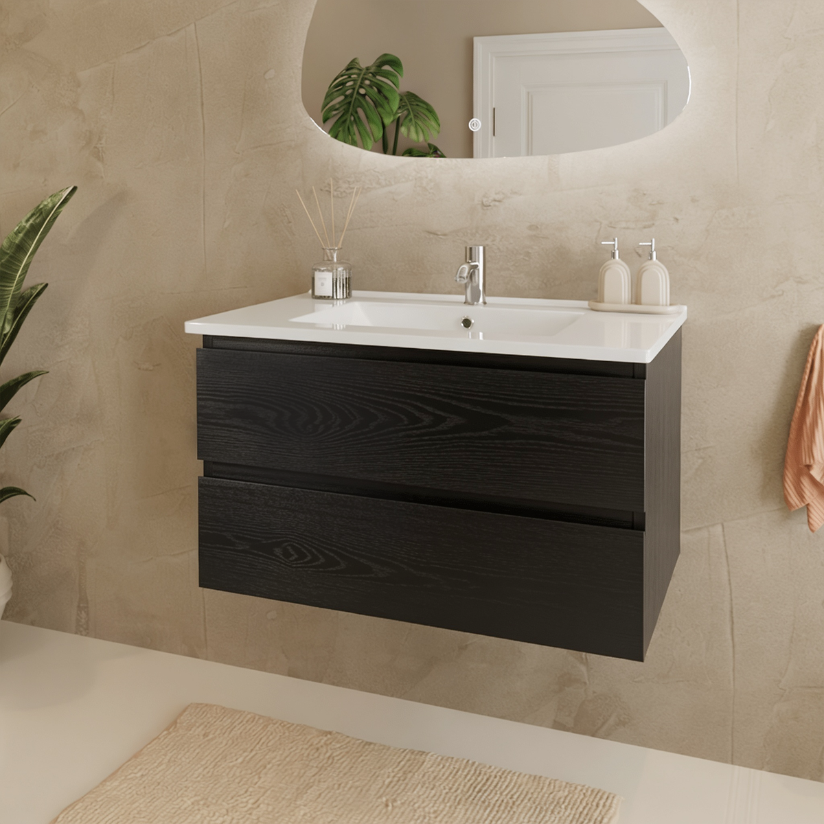 MARENZA 80 cm - Rovere Nero - Lavabo Bianco