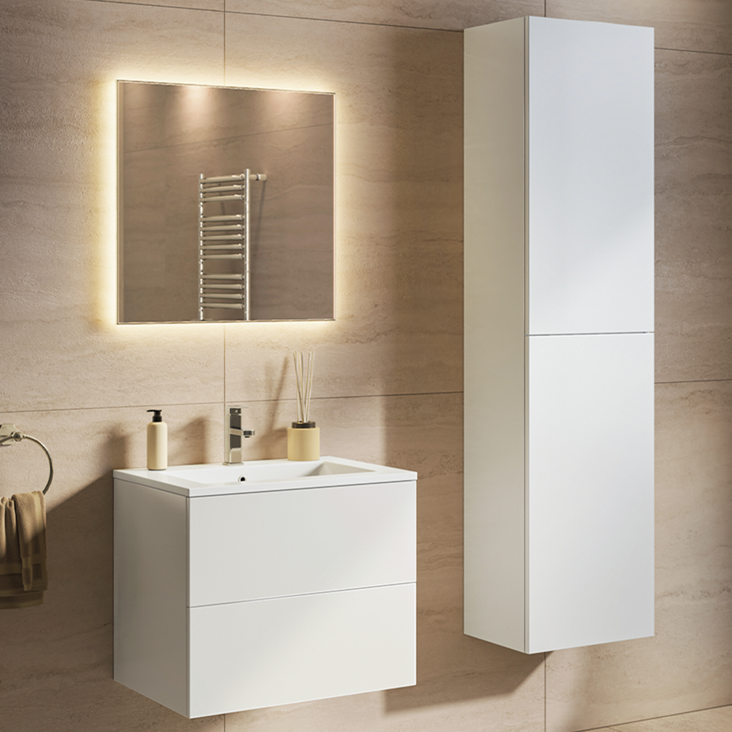 Set di mobili da bagno NUVANO 60 cm - Con colonna - Bianco lucido - Lavabo bianco