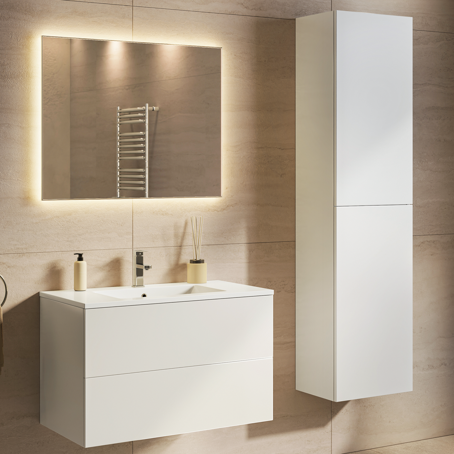 Set di mobili da bagno NUVANO 80 cm - Con colonna - Bianco lucido - Lavabo bianco