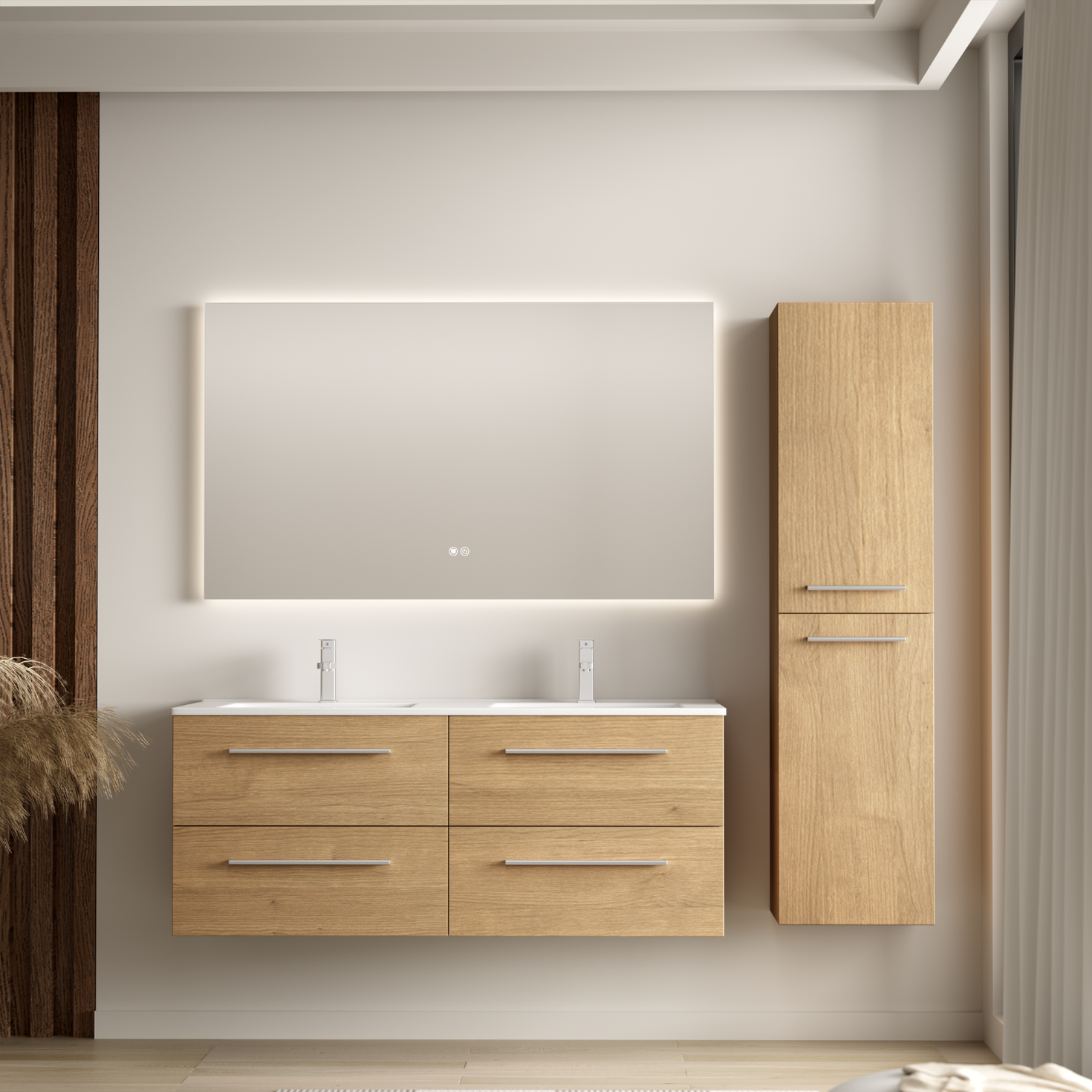 Set di mobili da bagno NAVERO 120 cm - Con colonna - Rovere chiaro - Lavabo bianco