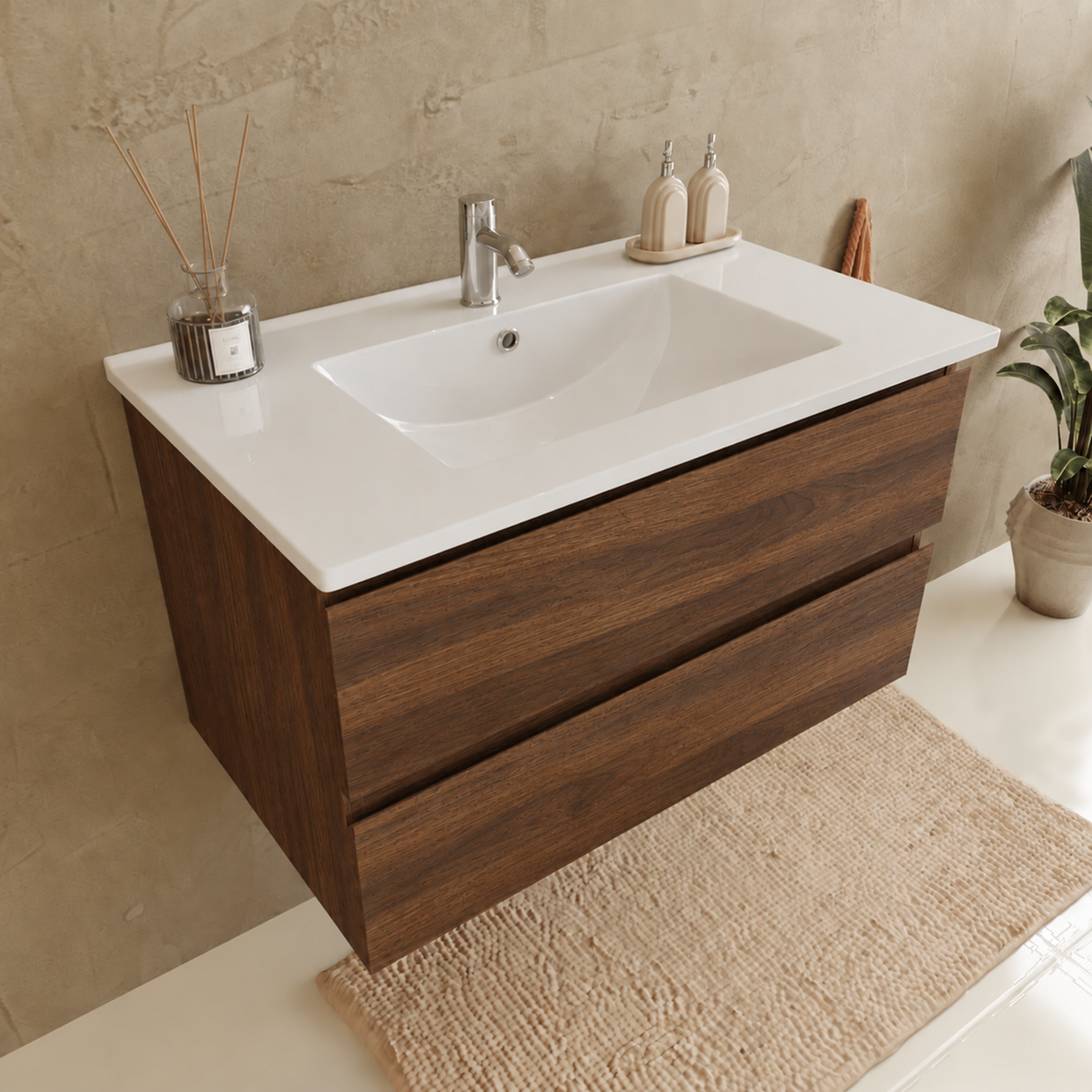 Set di Mobili da Bagno VERONA 80 cm - Con Colonna - Rovere Marrone - Lavabo Bianco