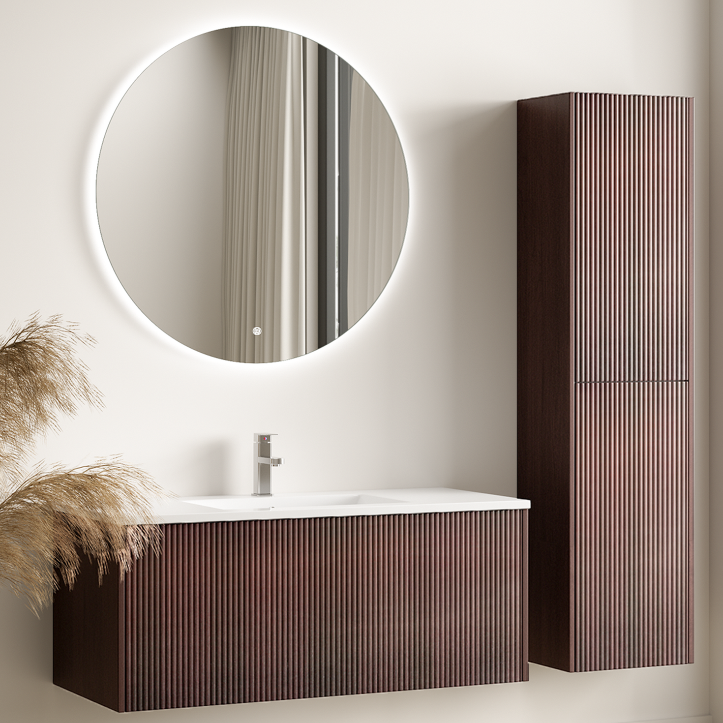 Set mobile bagno ROVANI 100 cm - Noce - Frontale scanalato - Lavabo bianco