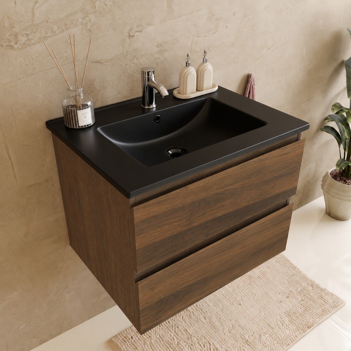 Set di mobili bagno VERONA 60 cm - Con Colonna Bagno - Rovere Marrone - Lavabo Nero