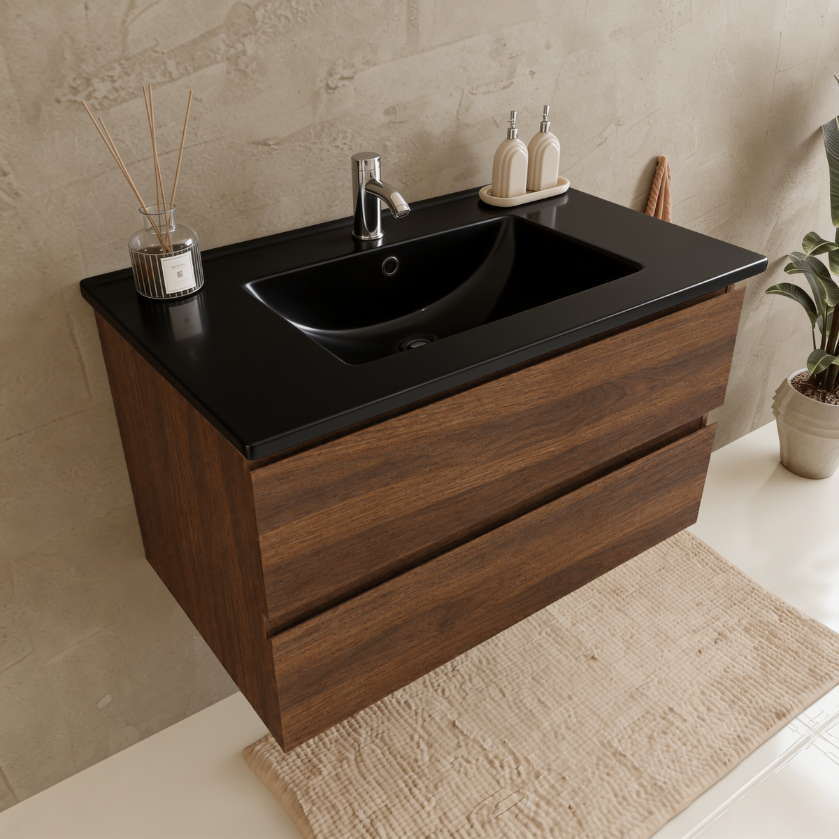 Set di mobili bagno VERONA 80 cm - Con Colonna Bagno - Rovere Marrone - Lavabo Nero