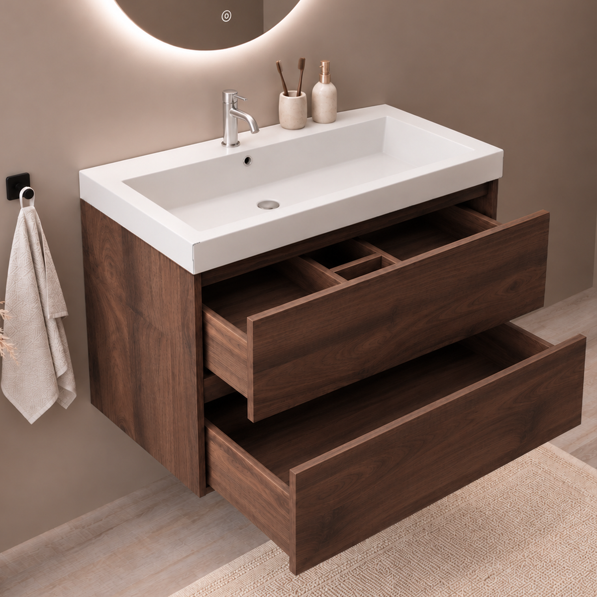 Set di Mobili da Bagno AVALON 80 cm - Con Colonna - Rovere Marrone - Lavabo Bianco