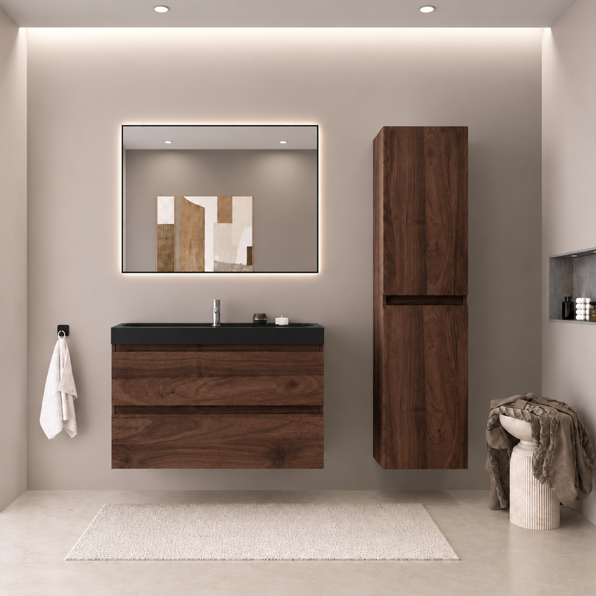 Set di Mobili da Bagno AVALON 80 cm - Con Colonna - Rovere Marrone - Lavabo Nero