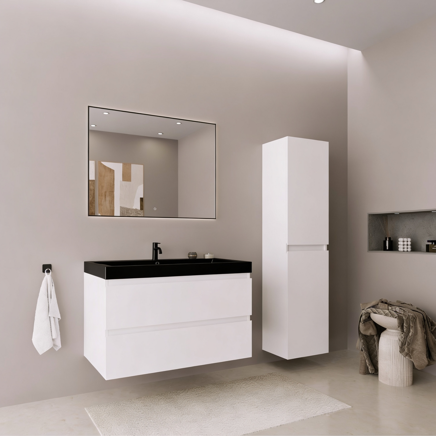 Set di mobili da bagno AVALON 80 cm - Con colonna - Bianco lucido - Lavabo nero