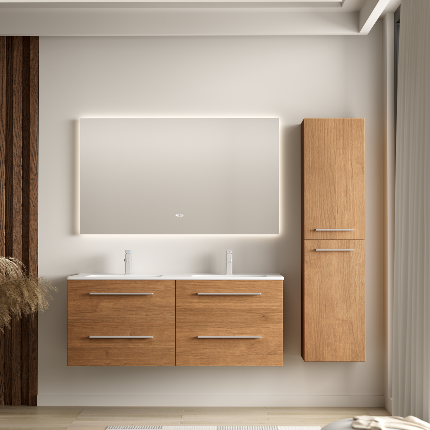 Set di mobili da bagno NAVERO 120 cm - Con colonna - Rovere caldo - Lavabo bianco