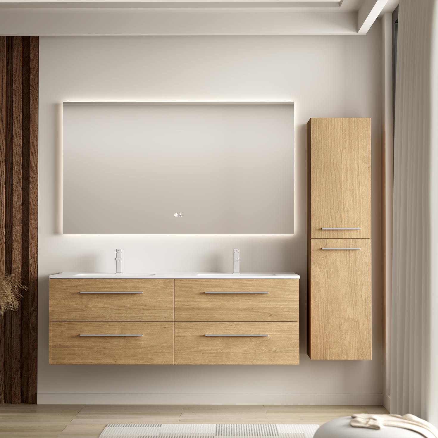 Set di mobili da bagno NAVERO 140 cm - Con colonna - Rovere chiaro - Lavabo bianco