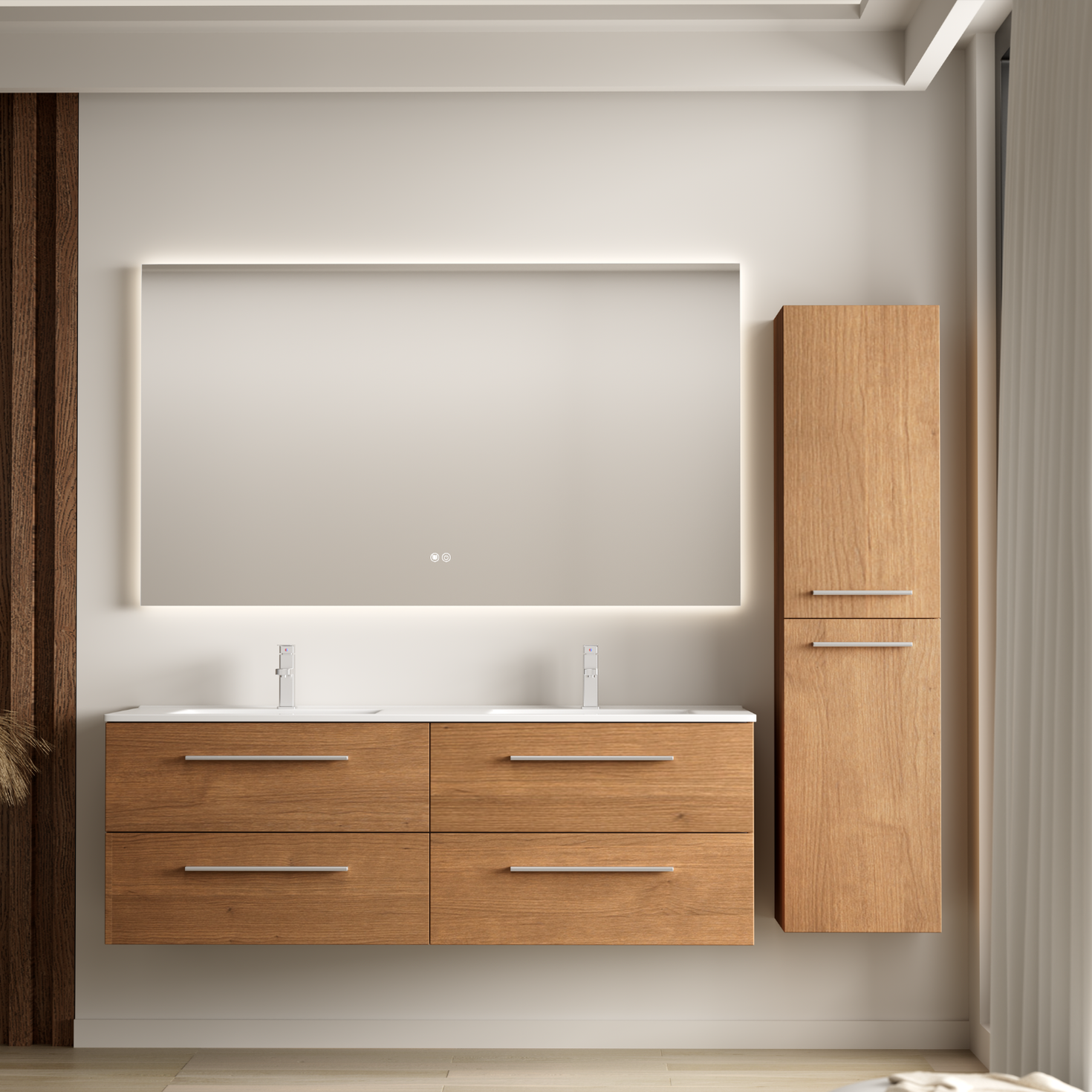 Set di mobili da bagno NAVERO 140 cm - Con colonna - Rovere caldo - Lavabo bianco