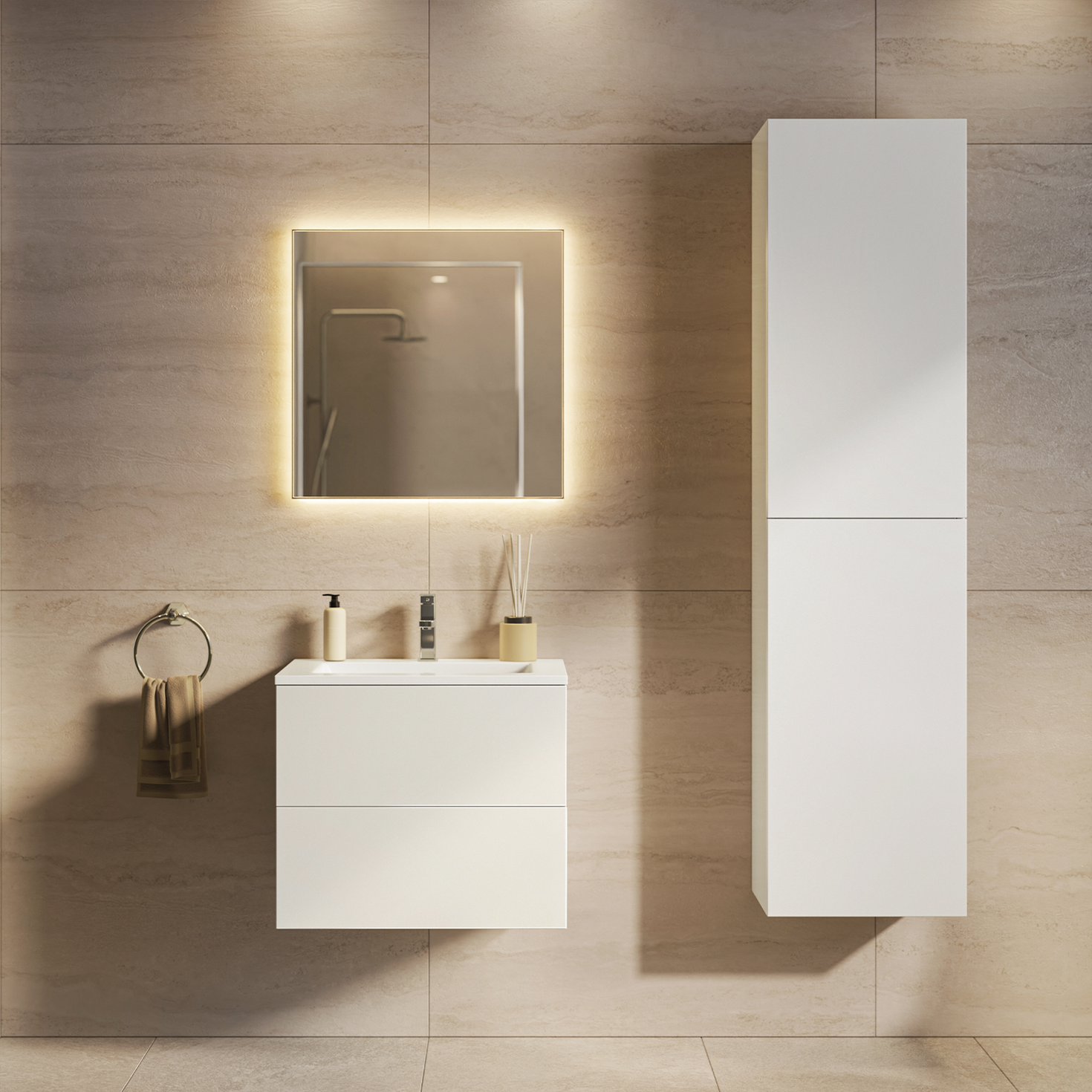 Set di mobili da bagno NUVANO 60 cm - Con colonna - Bianco lucido - Lavabo bianco