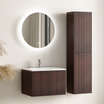 Set di mobili da bagno ROVANI 60 cm - Noce - Frontale scanalato - Lavabo bianco