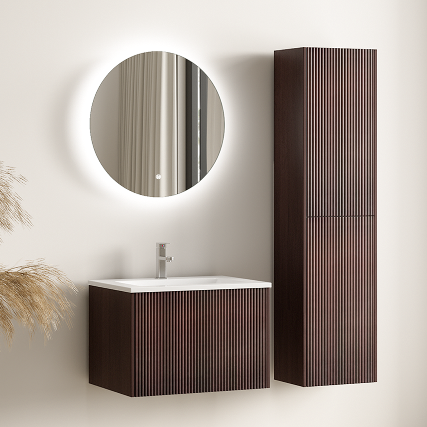 Set di mobili da bagno ROVANI 60 cm - Noce - Frontale scanalato - Lavabo bianco