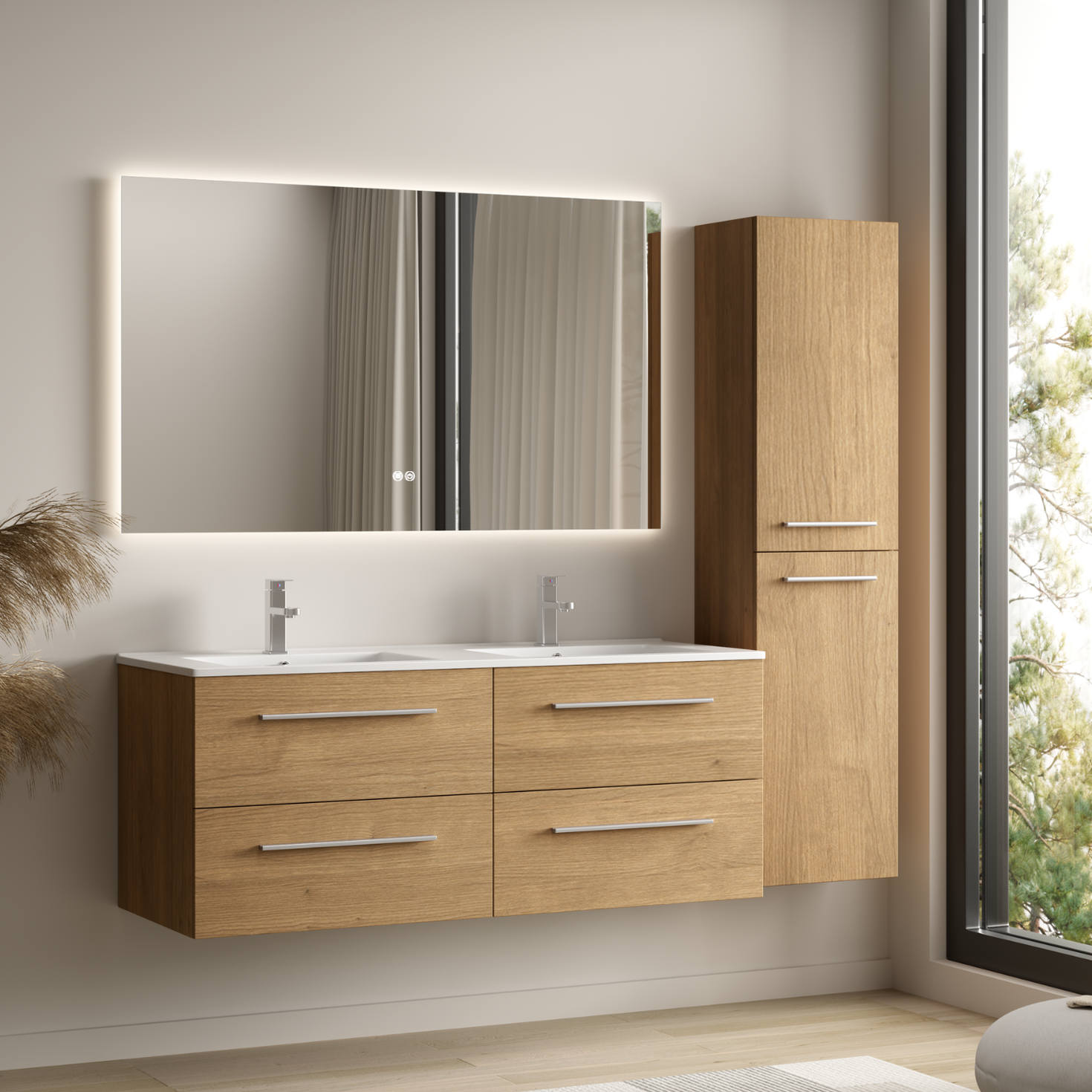 Set di mobili da bagno NAVERO 120 cm - Con colonna - Rovere chiaro - Lavabo bianco