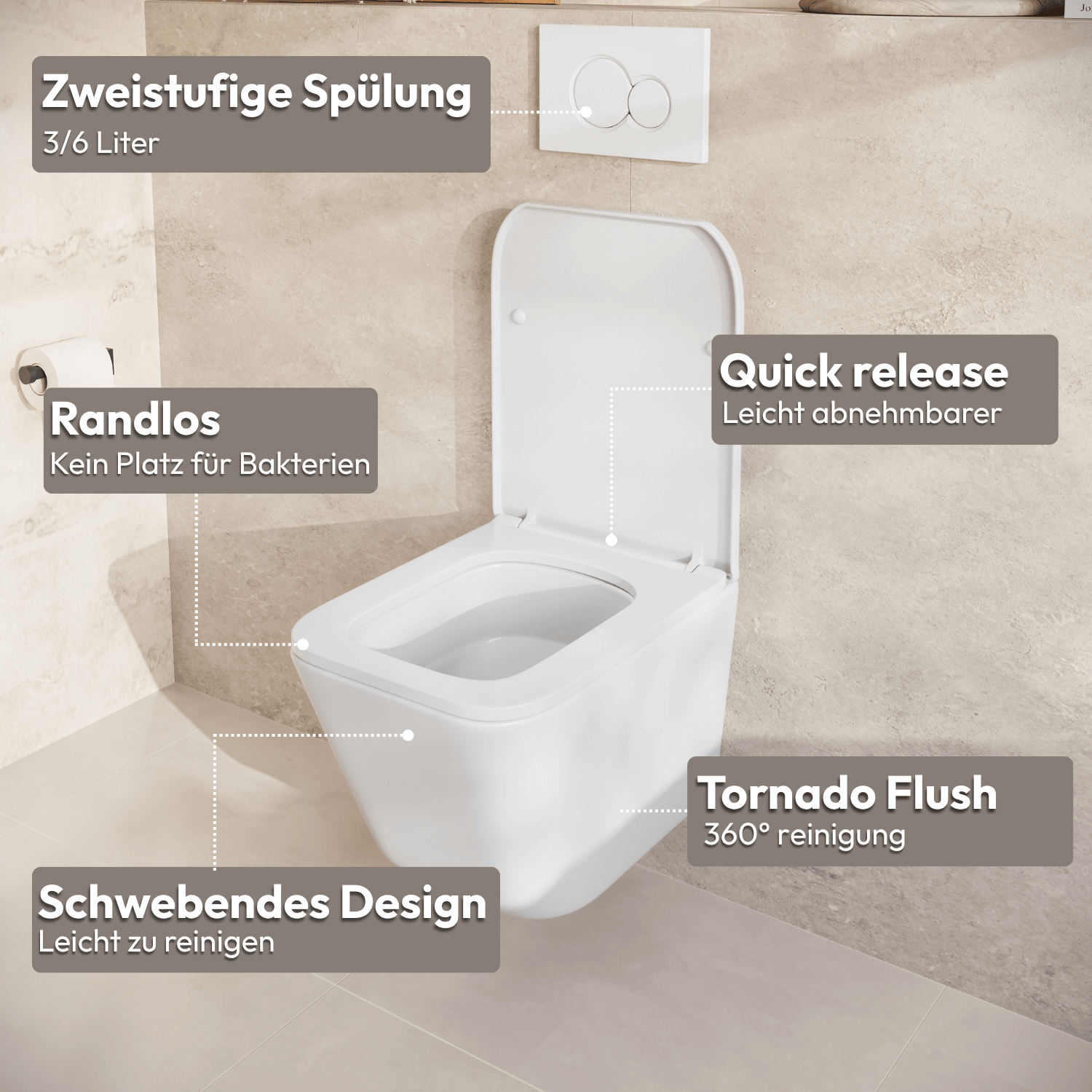 Hangtoilet met Inbouwreservoir - Vierkant Wit - Drukplaat Rond Chroom - Linea - lomazoo.com