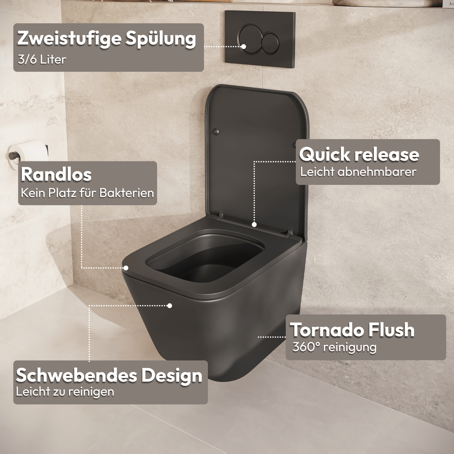 Hangtoilet met Inbouwreservoir - Vierkant Zwart - Drukplaat Rond Gunmetal - Linea - lomazoo.com