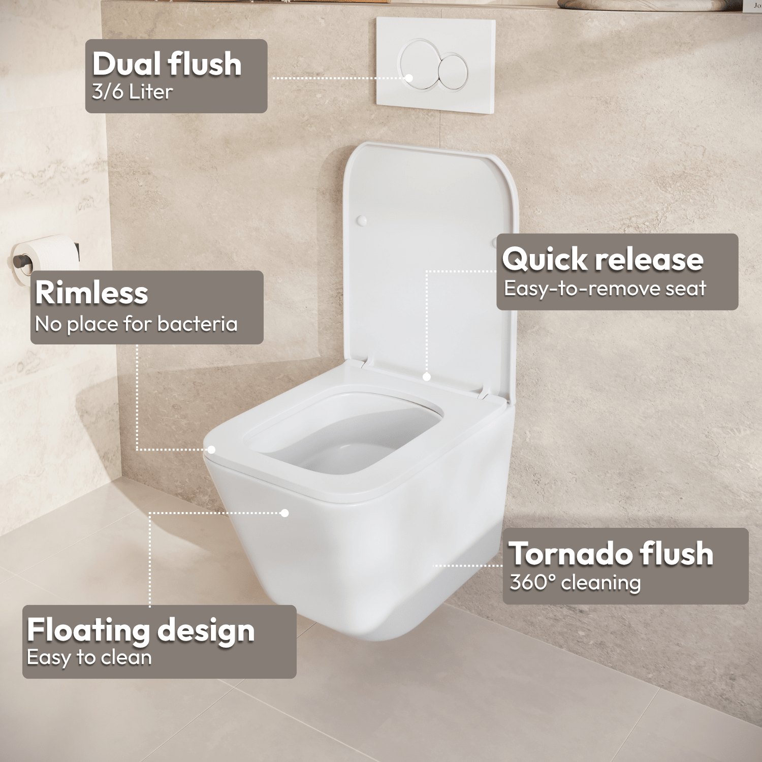 Hangtoilet met Inbouwreservoir - Vierkant Wit - Drukplaat Vierkant Goud - Linea - lomazoo.com