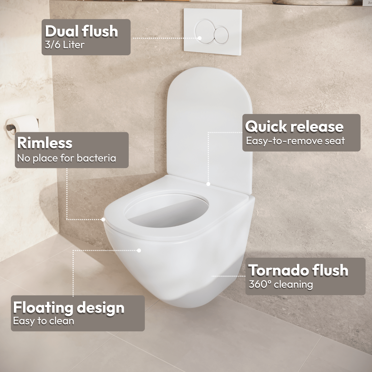 Hangtoilet met Inbouwreservoir - Rond Wit - Drukplaat Rond Gunmetal - Linea - lomazoo.com