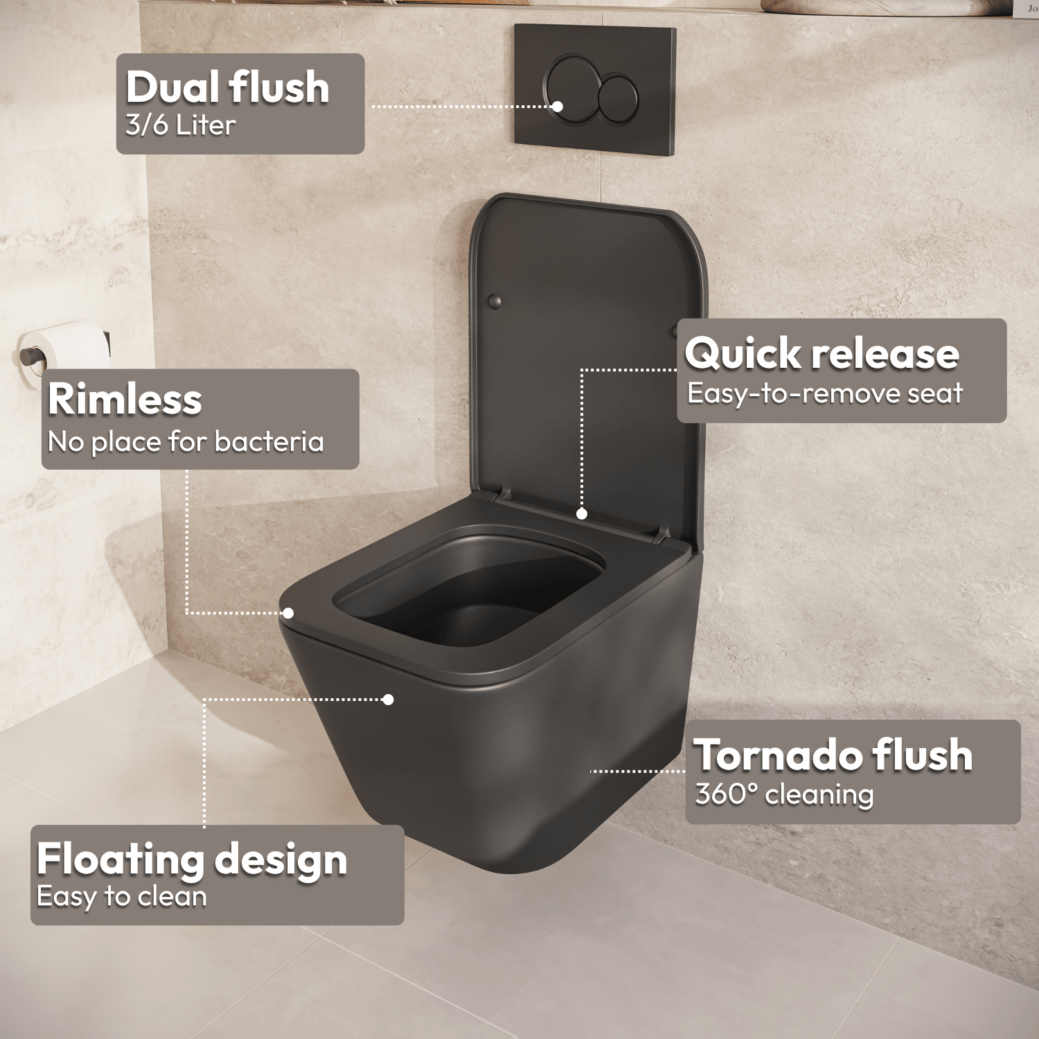 Hangtoilet met Inbouwreservoir - Vierkant Zwart - Drukplaat Rond Chroom - Linea - lomazoo.com