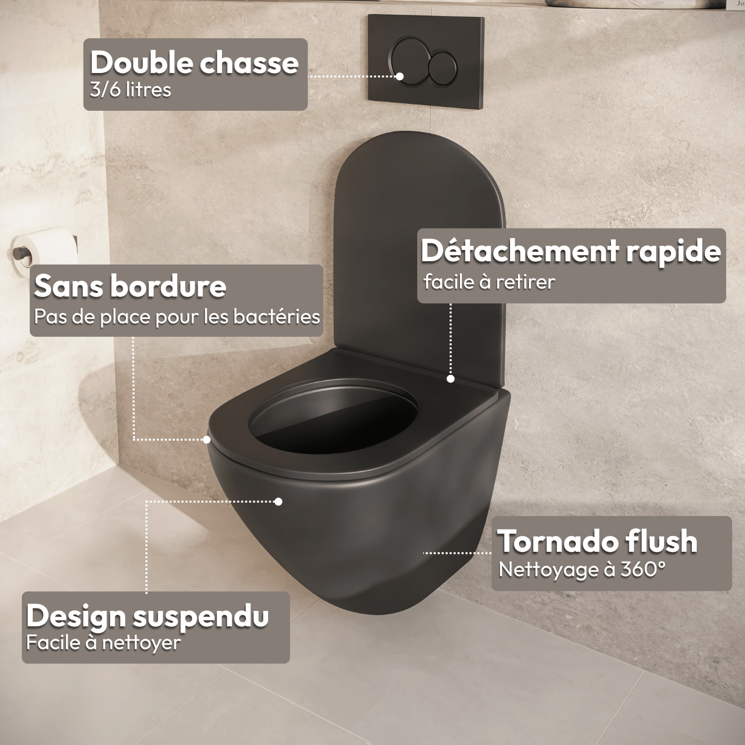 Hangtoilet met Inbouwreservoir - Rond Zwart - Drukplaat Rond Gunmetal - Linea - lomazoo.com
