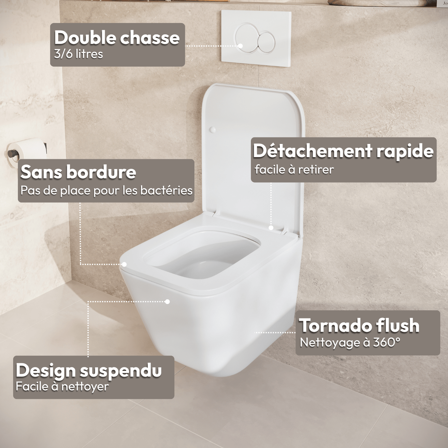 Hangtoilet met Inbouwreservoir - Vierkant Wit - Drukplaat Rond Gunmetal - Linea - lomazoo.com