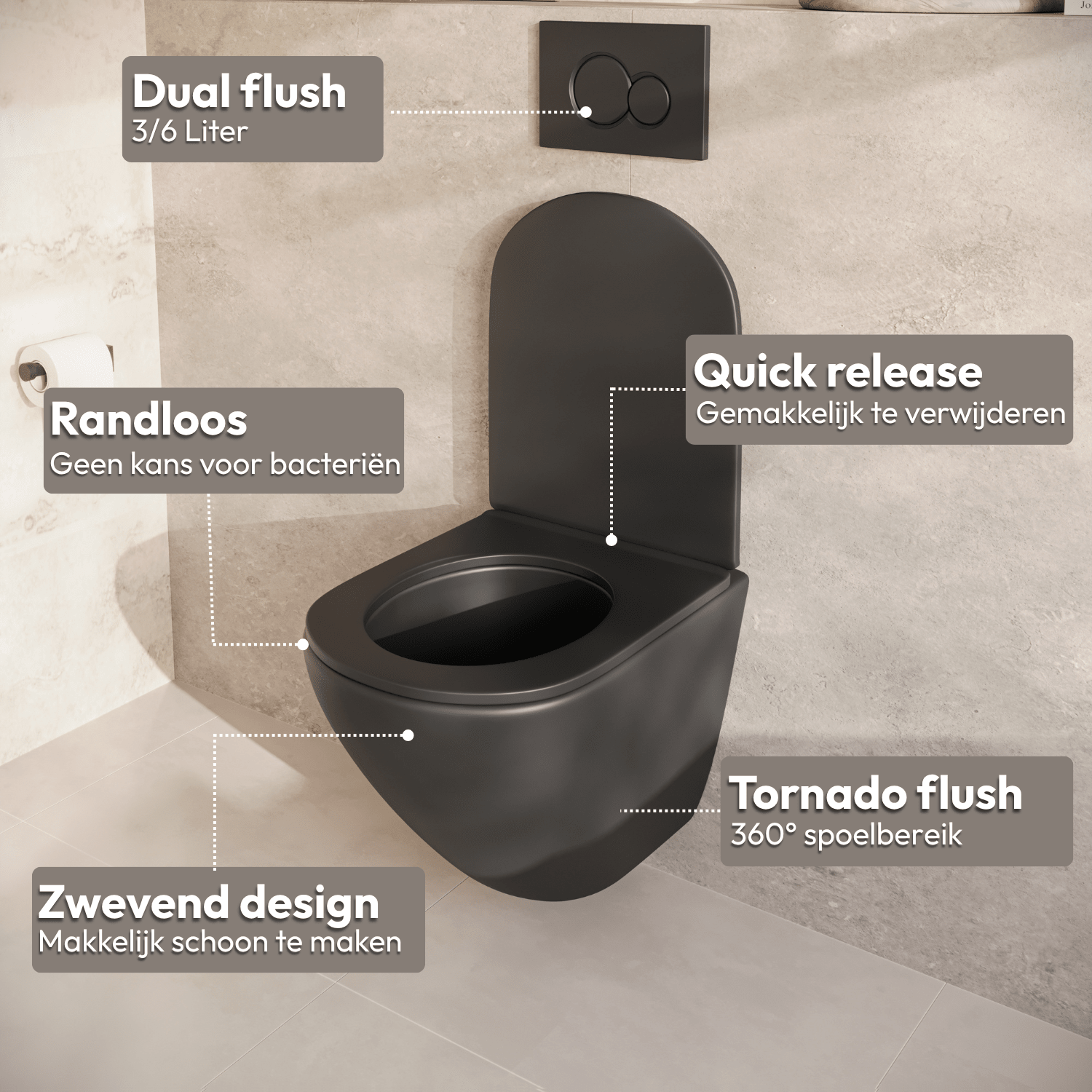 Hangtoilet met Inbouwreservoir - Rond Zwart - Drukplaat Rond Zwart - Linea - lomazoo.com