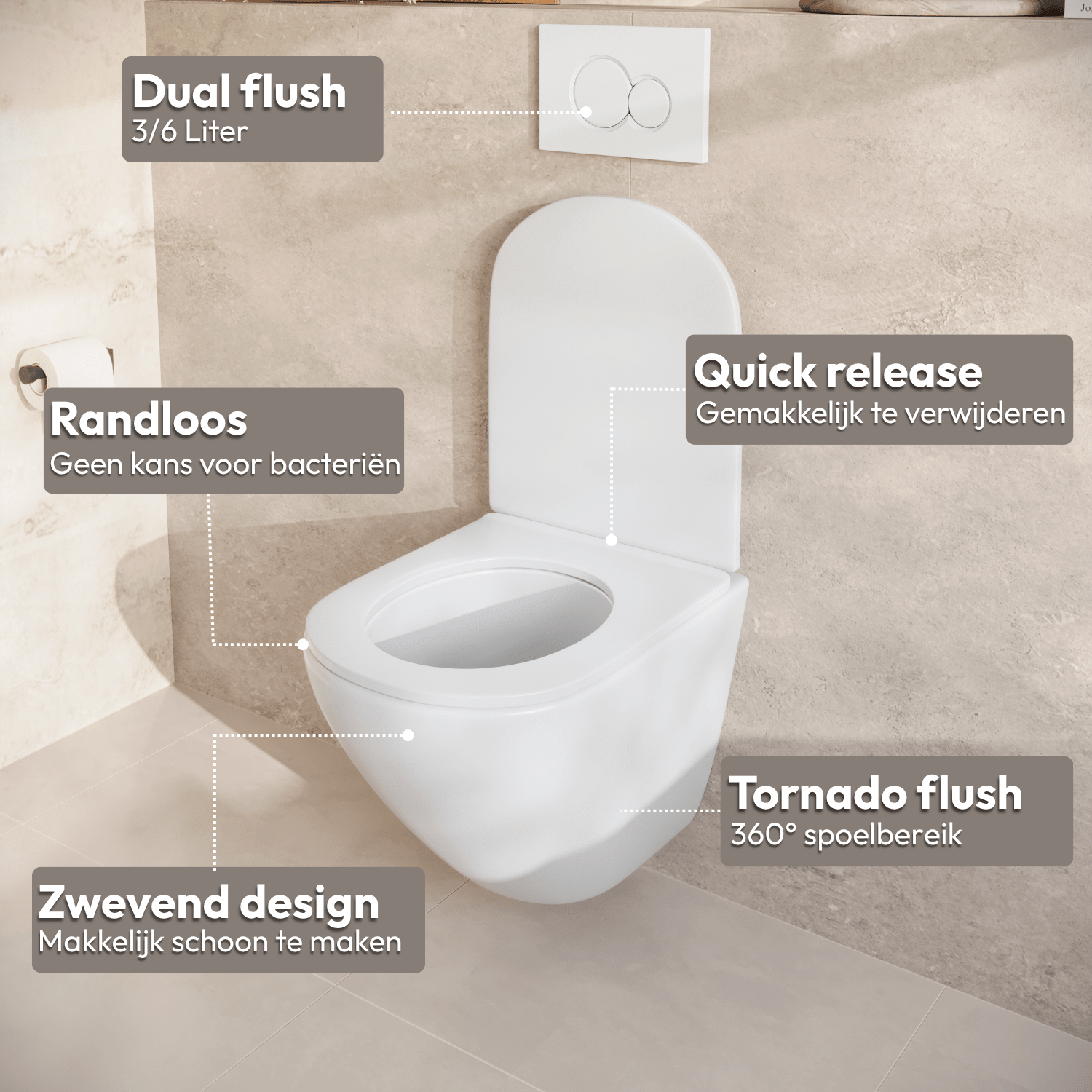 Hangtoilet met Inbouwreservoir - Rond Wit - Drukplaat Rond Chroom - Linea - lomazoo.com