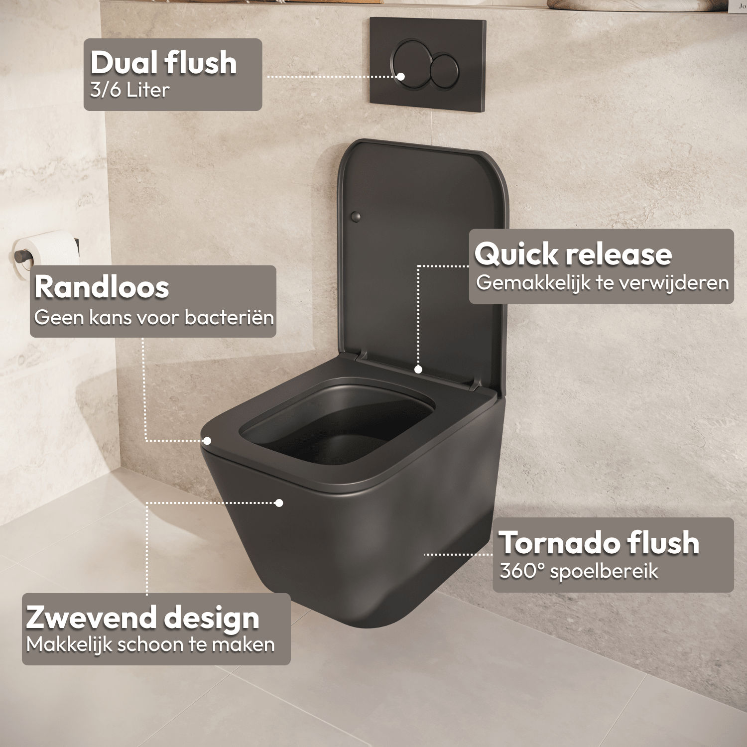 Hangtoilet met Inbouwreservoir - Vierkant Zwart - Drukplaat Rond Zwart - Linea - lomazoo.com