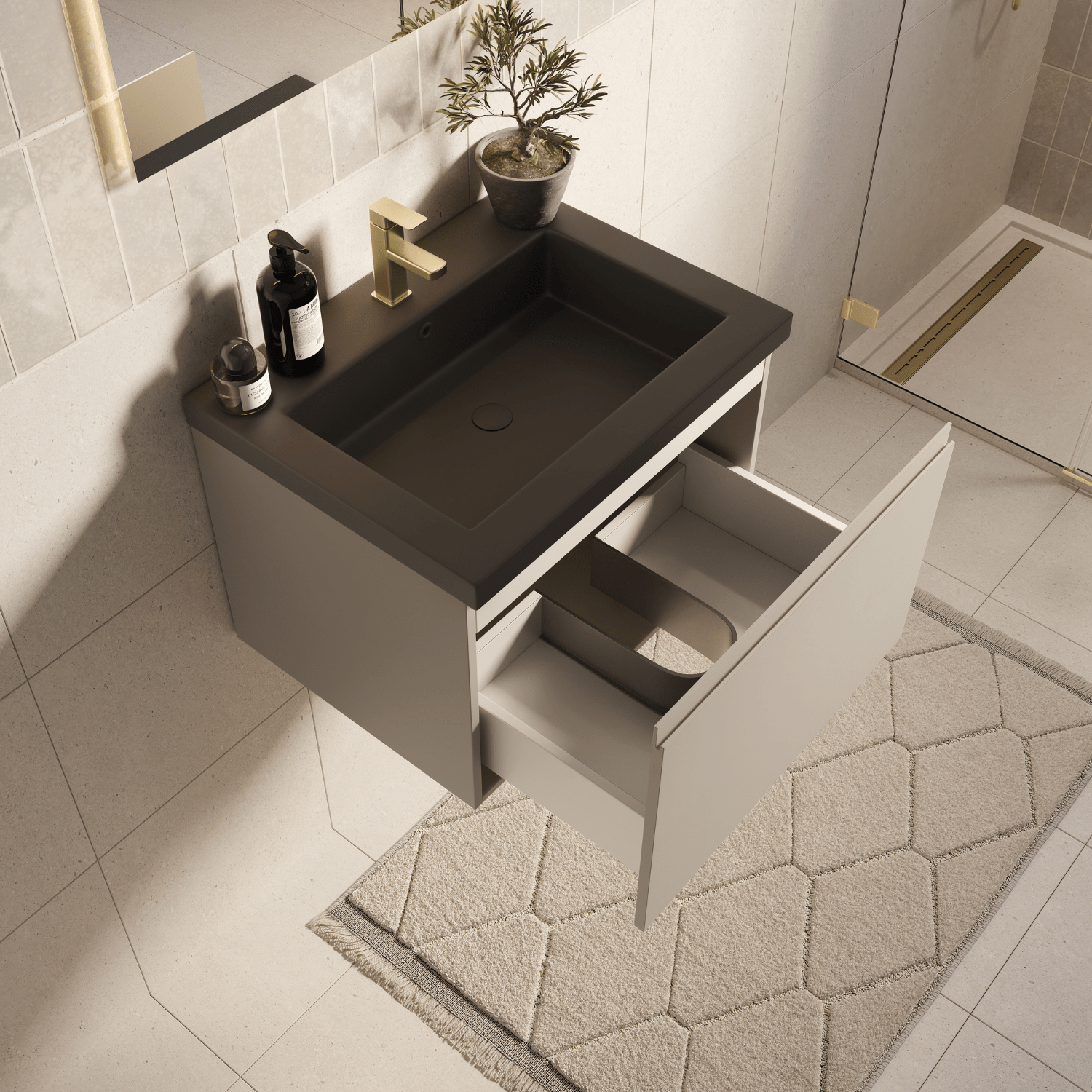 Badmeubelset SORRENTO 60cm - Met Kolomkast - Greige - Wastafel Zwart - lomazoo.com