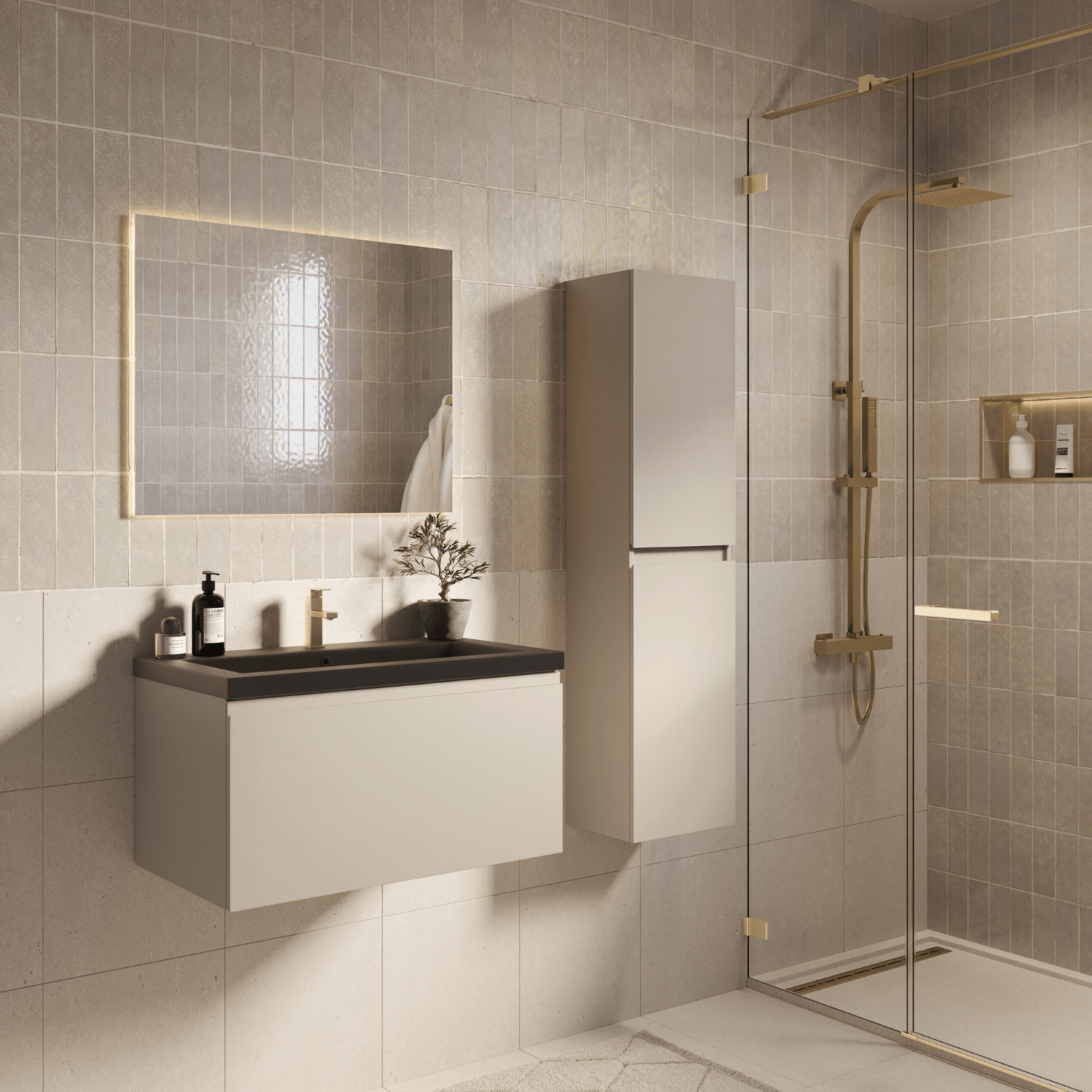 Badmeubelset SORRENTO 80cm - Met Kolomkast - Greige - Wastafel Zwart - lomazoo.com