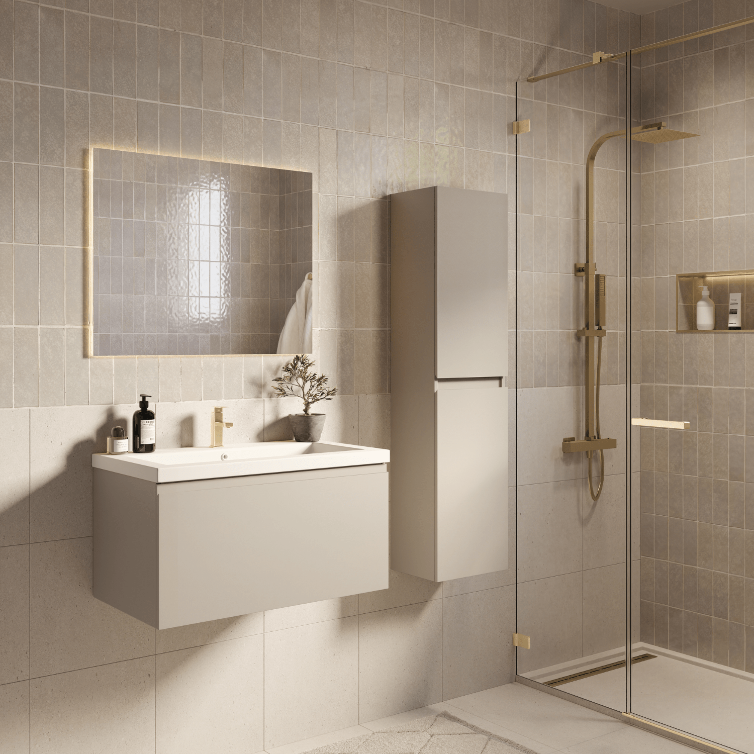 Badmeubelset SORRENTO 80cm - Met Kolomkast - Greige - Wastafel Wit - lomazoo.com