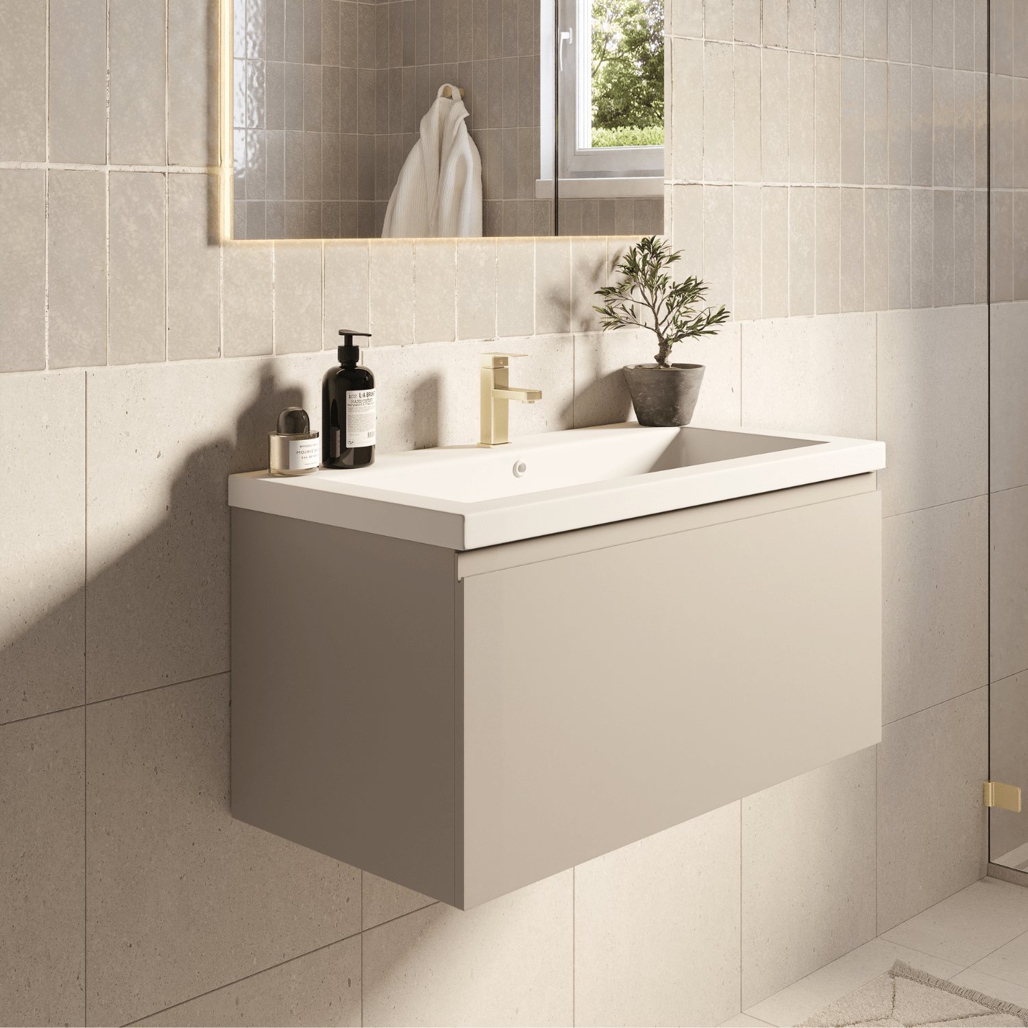 Badmeubelset SORRENTO 80cm - Met Kolomkast - Greige - Wastafel Wit - lomazoo.com