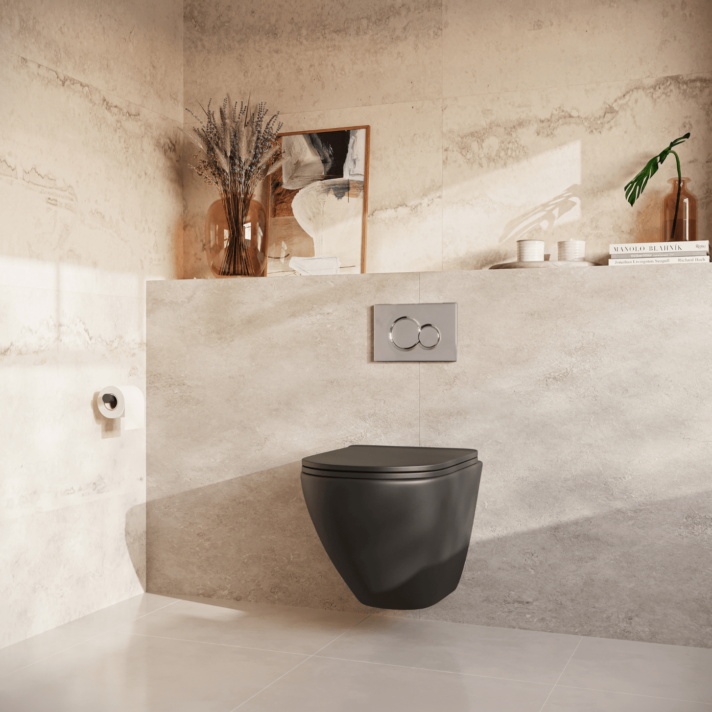 Hangtoilet met Inbouwreservoir - Rond Zwart - Drukplaat Rond Chroom - Linea - lomazoo.com