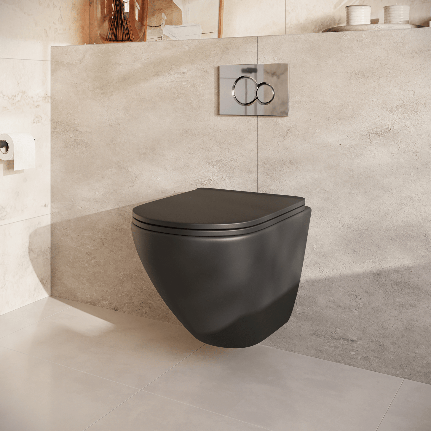 Hangtoilet met Inbouwreservoir - Rond Zwart - Drukplaat Rond Chroom - Linea - lomazoo.com