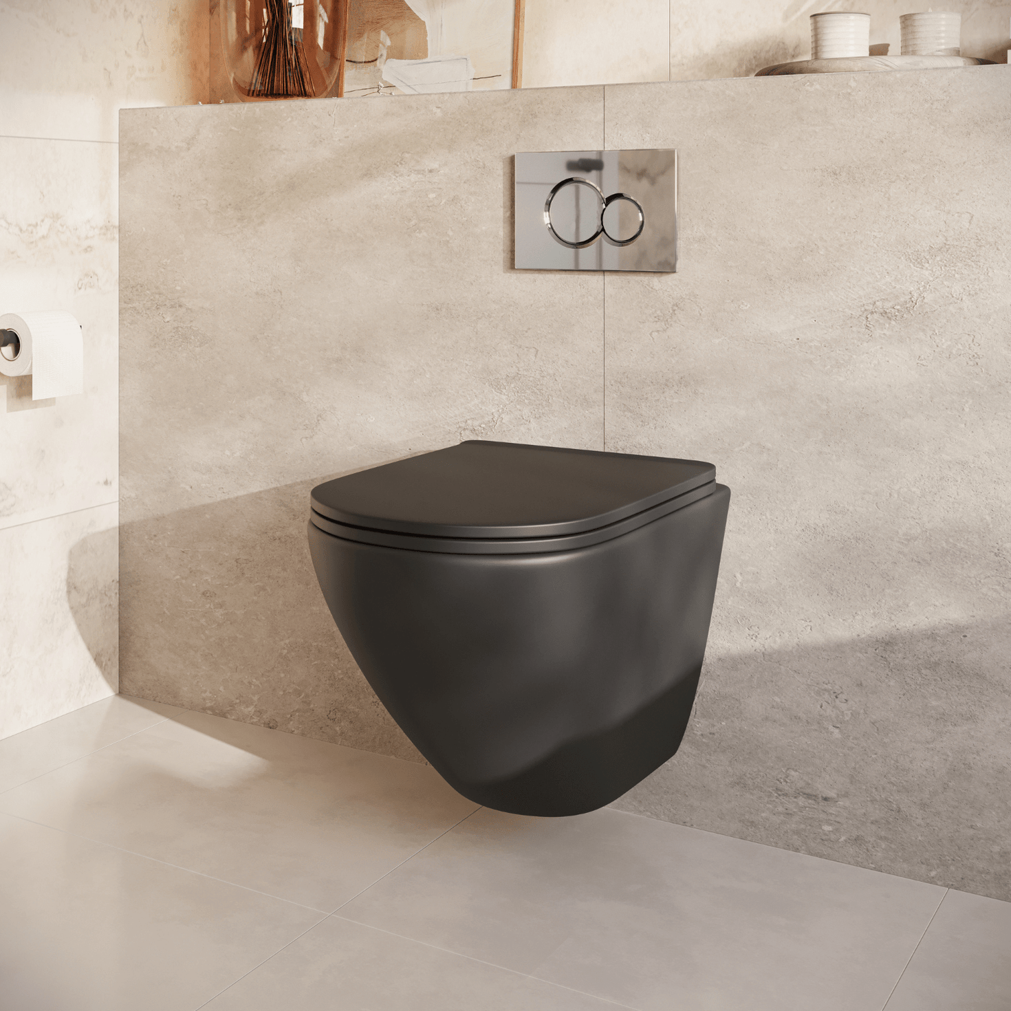 Hangtoilet met Inbouwreservoir - Rond Zwart - Drukplaat Rond Chroom - Linea - lomazoo.com