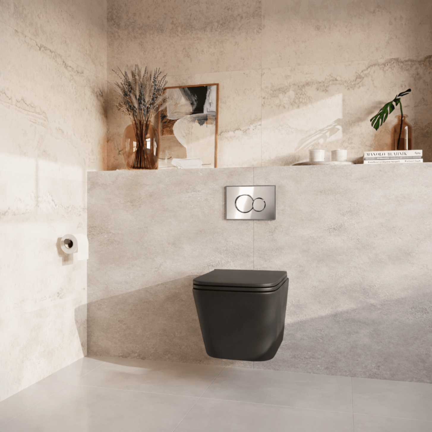 Hangtoilet met Inbouwreservoir - Vierkant Zwart - Drukplaat Rond Chroom - Linea - lomazoo.com