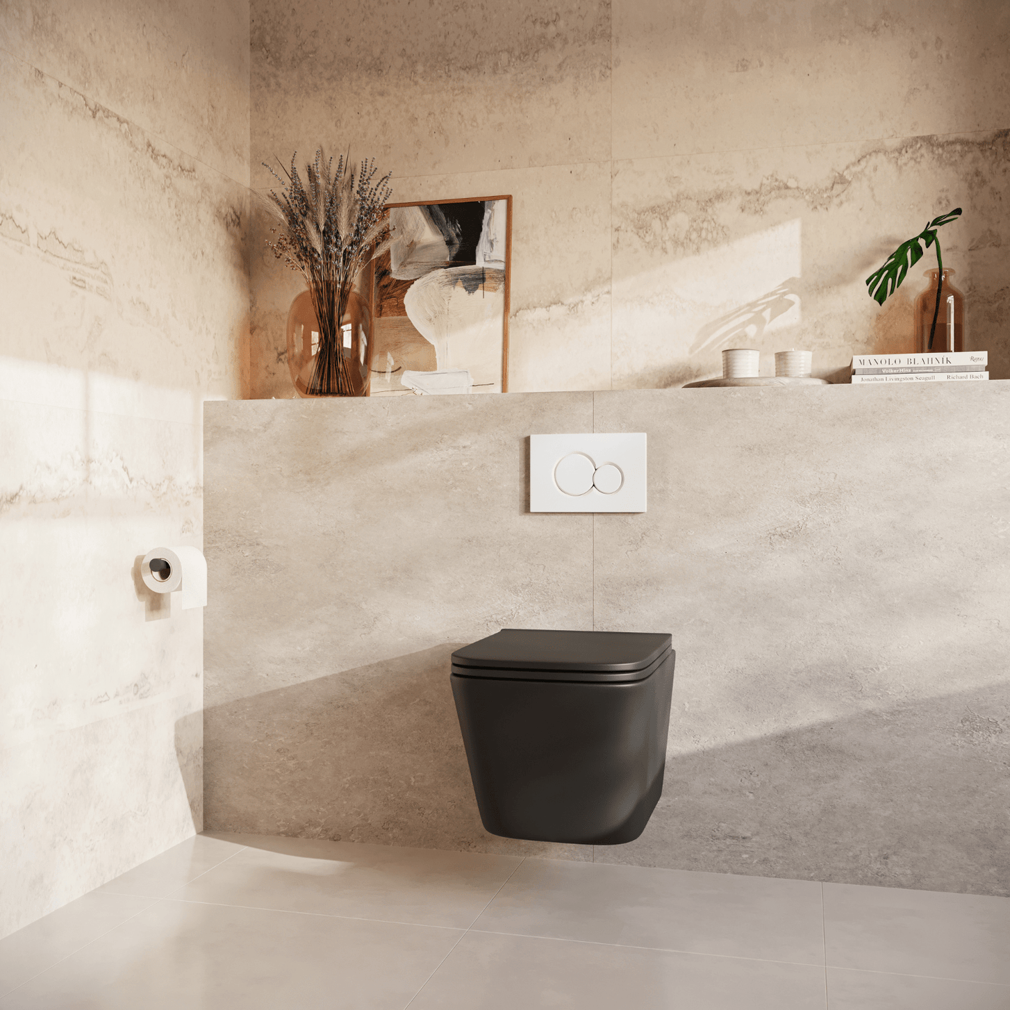 Hangtoilet met Inbouwreservoir - Vierkant Zwart - Drukplaat Rond Wit - Linea - lomazoo.com