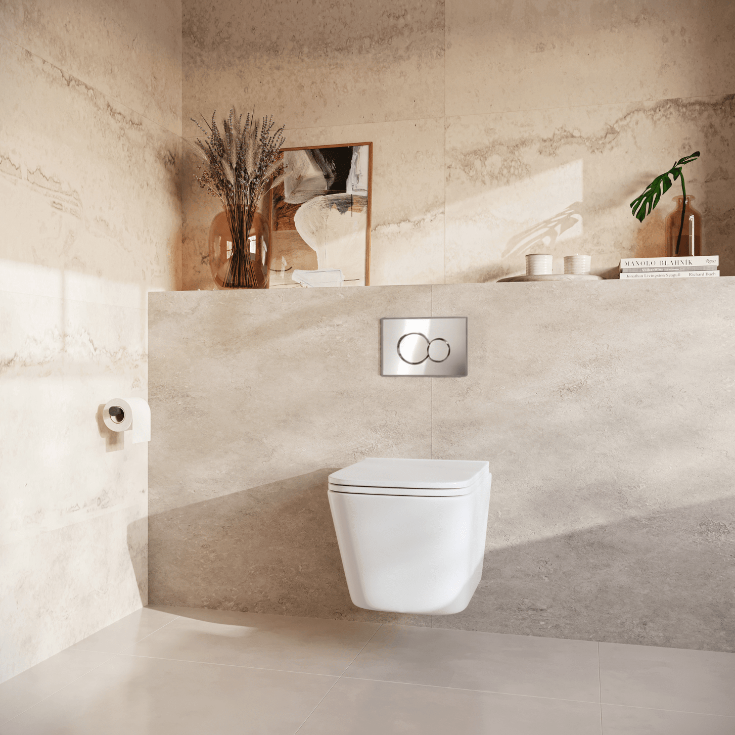 Hangtoilet met Inbouwreservoir - Vierkant Wit - Drukplaat Rond Chroom - Linea - lomazoo.com