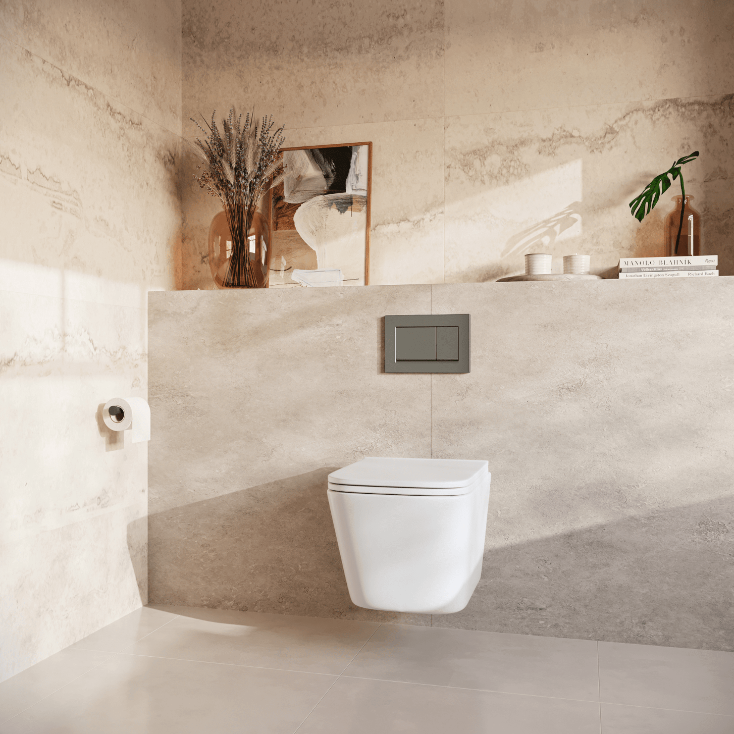 Hangtoilet met Inbouwreservoir - Vierkant Wit - Drukplaat Vierkant Gunmetal - Linea - lomazoo.com