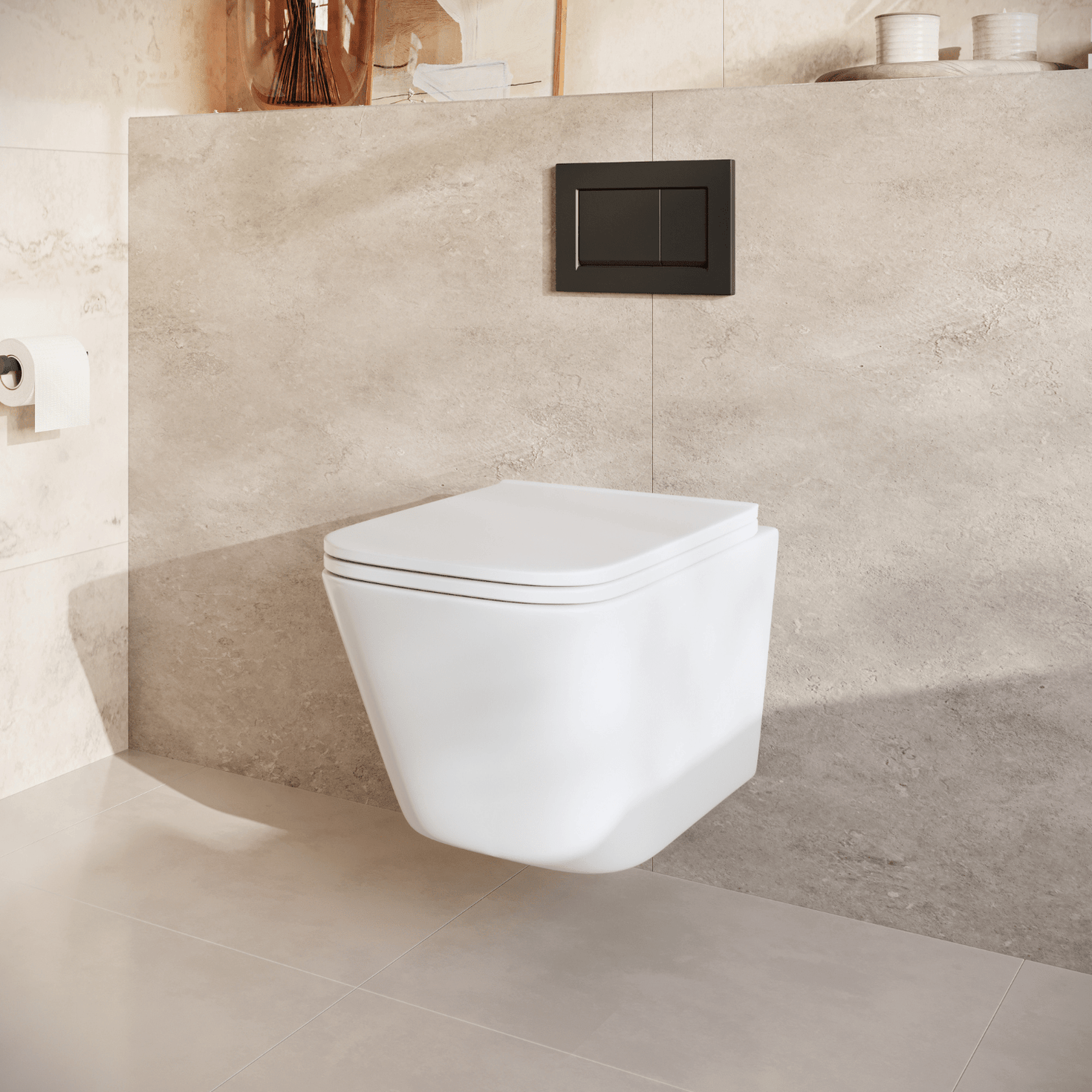 Hangtoilet met Inbouwreservoir - Vierkant Wit - Drukplaat Vierkant Zwart - Linea - lomazoo.com
