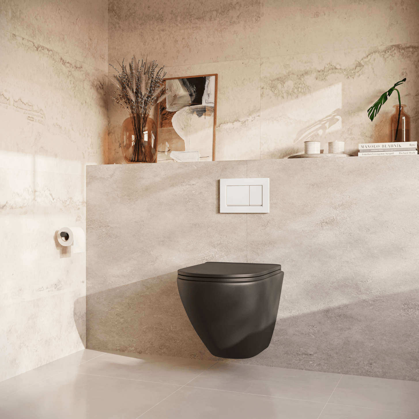 Hangtoilet met Inbouwreservoir - Rond Zwart - Drukplaat Vierkant Wit - Linea - lomazoo.com