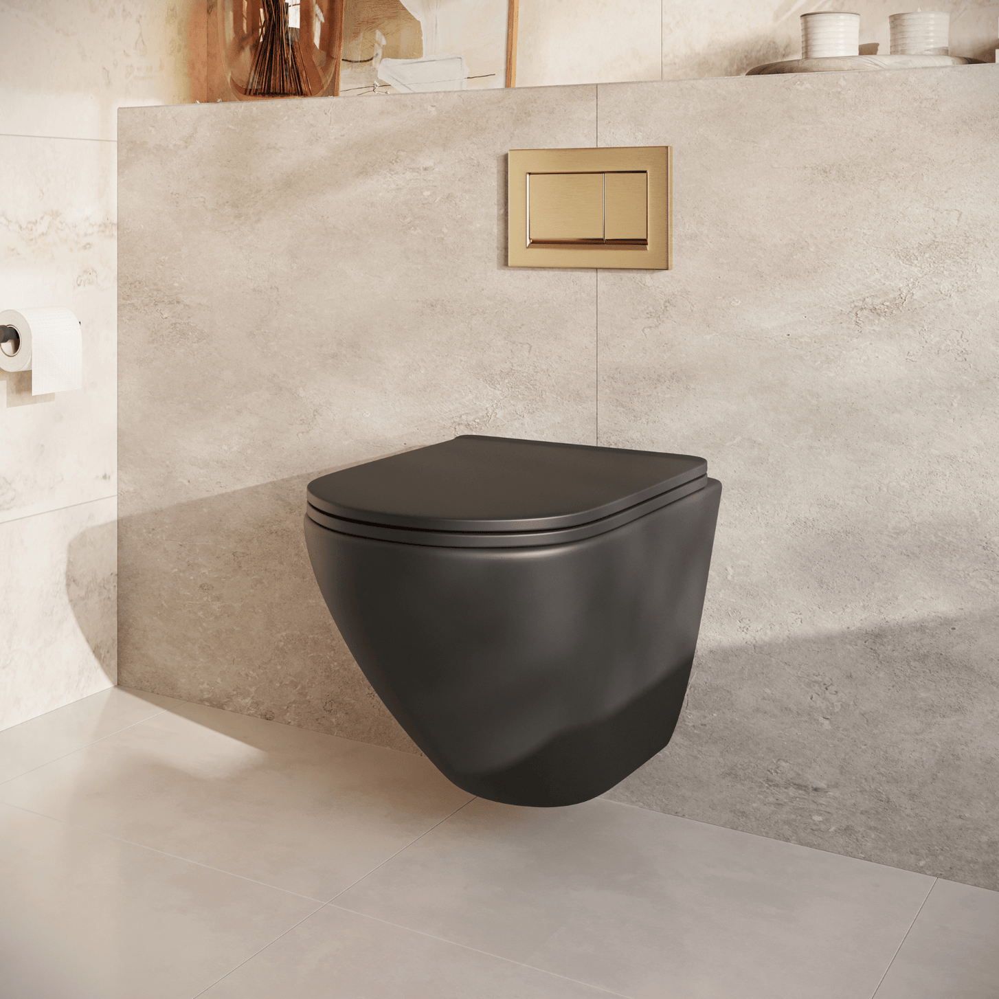 Hangtoilet met Inbouwreservoir - Rond Zwart - Drukplaat Vierkant Goud - Linea - lomazoo.com