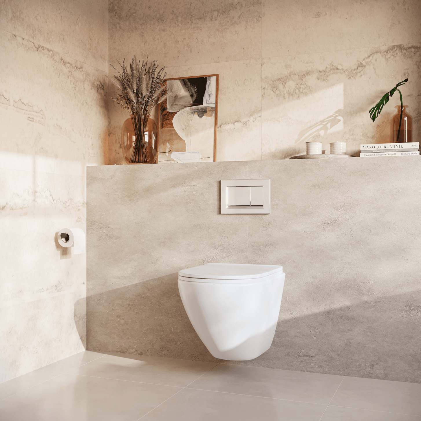 Hangtoilet met Inbouwreservoir - Rond Wit - Drukplaat Vierkant Chroom - Linea - lomazoo.com