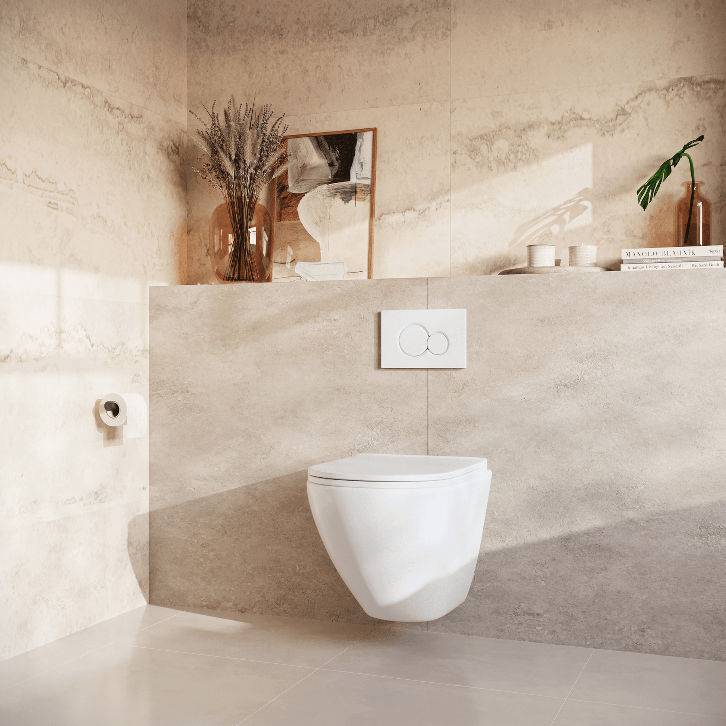 Hangtoilet met Inbouwreservoir - Rond Wit - Drukplaat Rond Wit - Linea - lomazoo.com