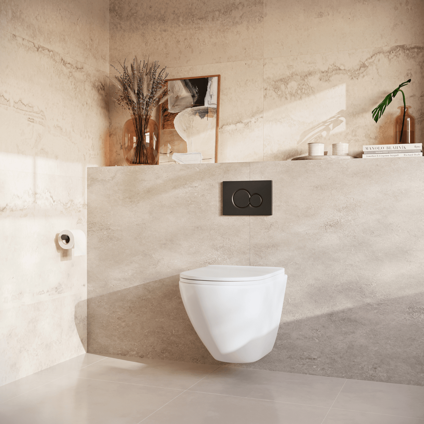 Hangtoilet met Inbouwreservoir - Rond Wit - Drukplaat Rond Zwart - Linea - lomazoo.com