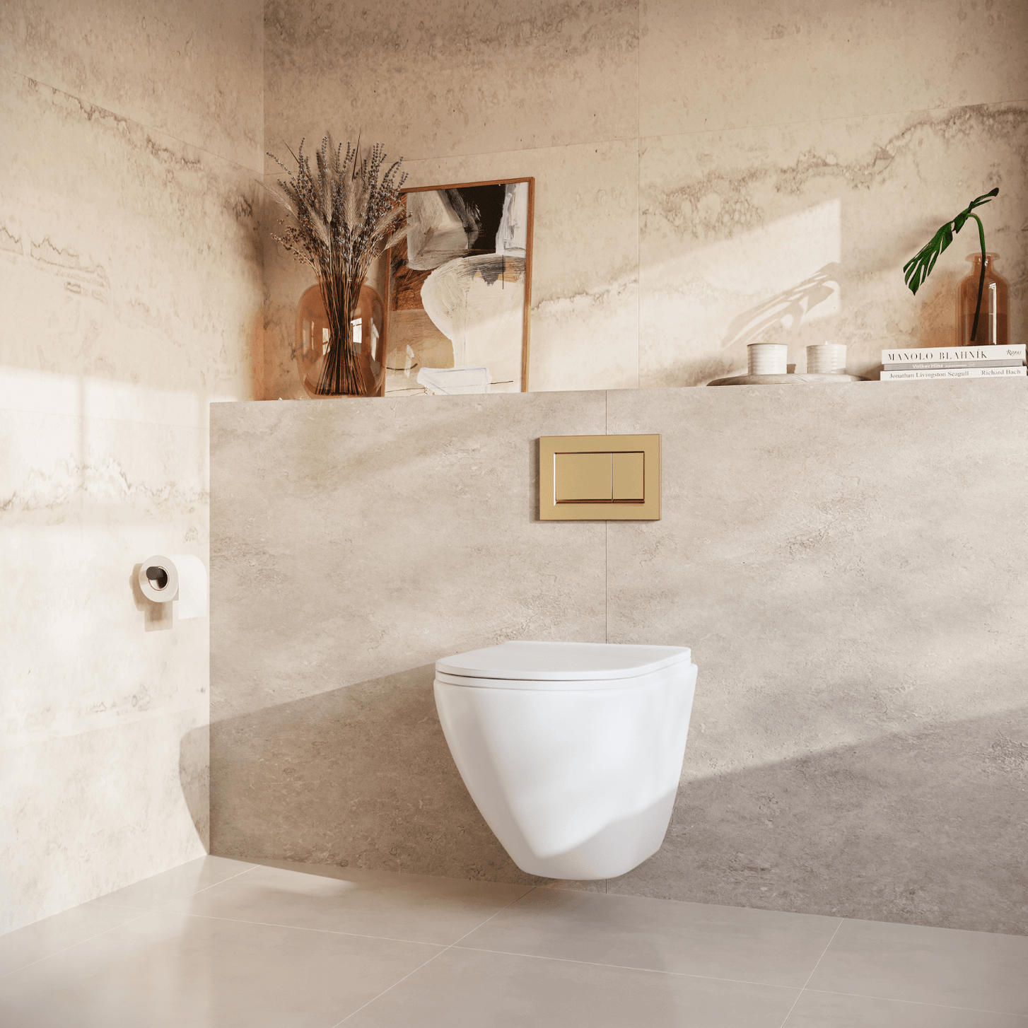 Hangtoilet met Inbouwreservoir - Rond Wit - Drukplaat Vierkant Goud - Linea - lomazoo.com