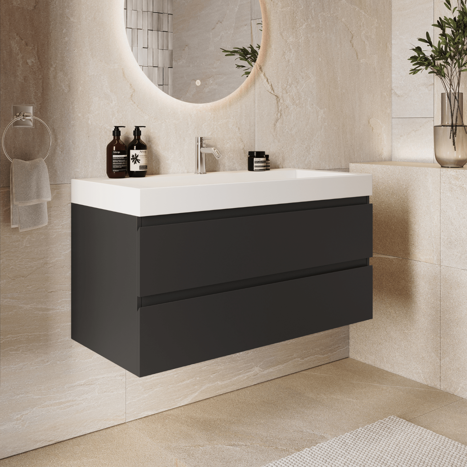 AZURO Mat Zwart - Wastafel Wit - Met Kolomkast - 100cm - lomazoo.com