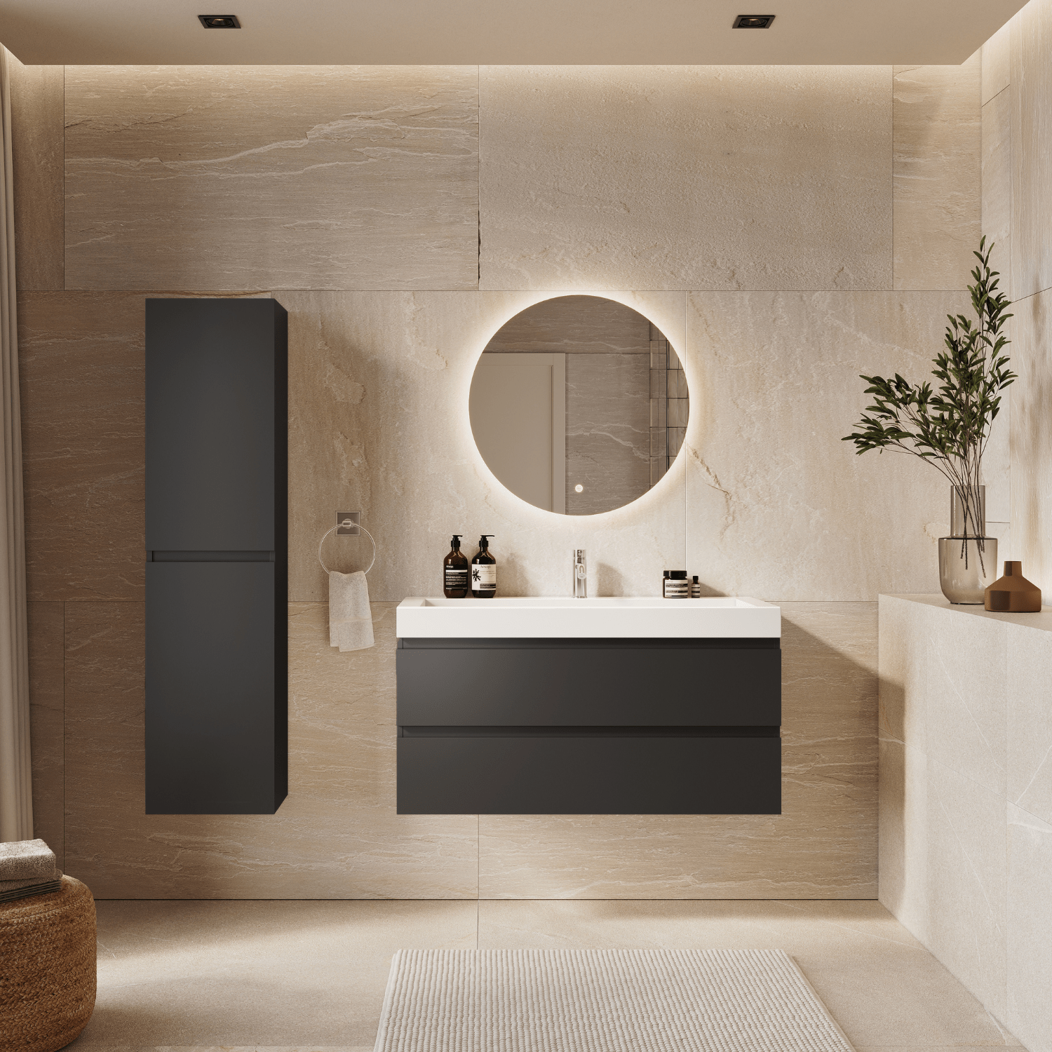 AZURO Mat Zwart - Wastafel Wit - Met Kolomkast - 100cm - lomazoo.com