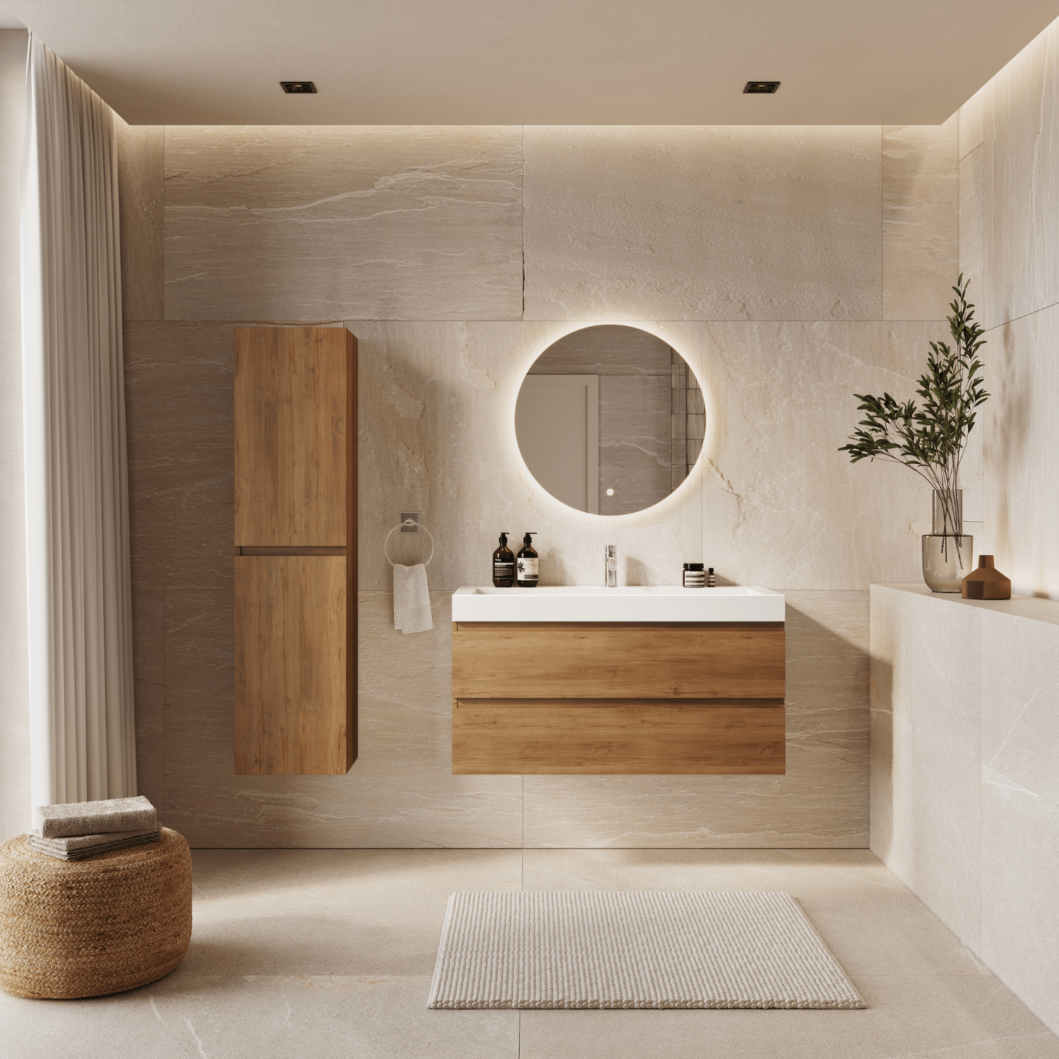 AZURO Warm Eiken - Wastafel Wit - Met Kolomkast - 100cm - lomazoo.com