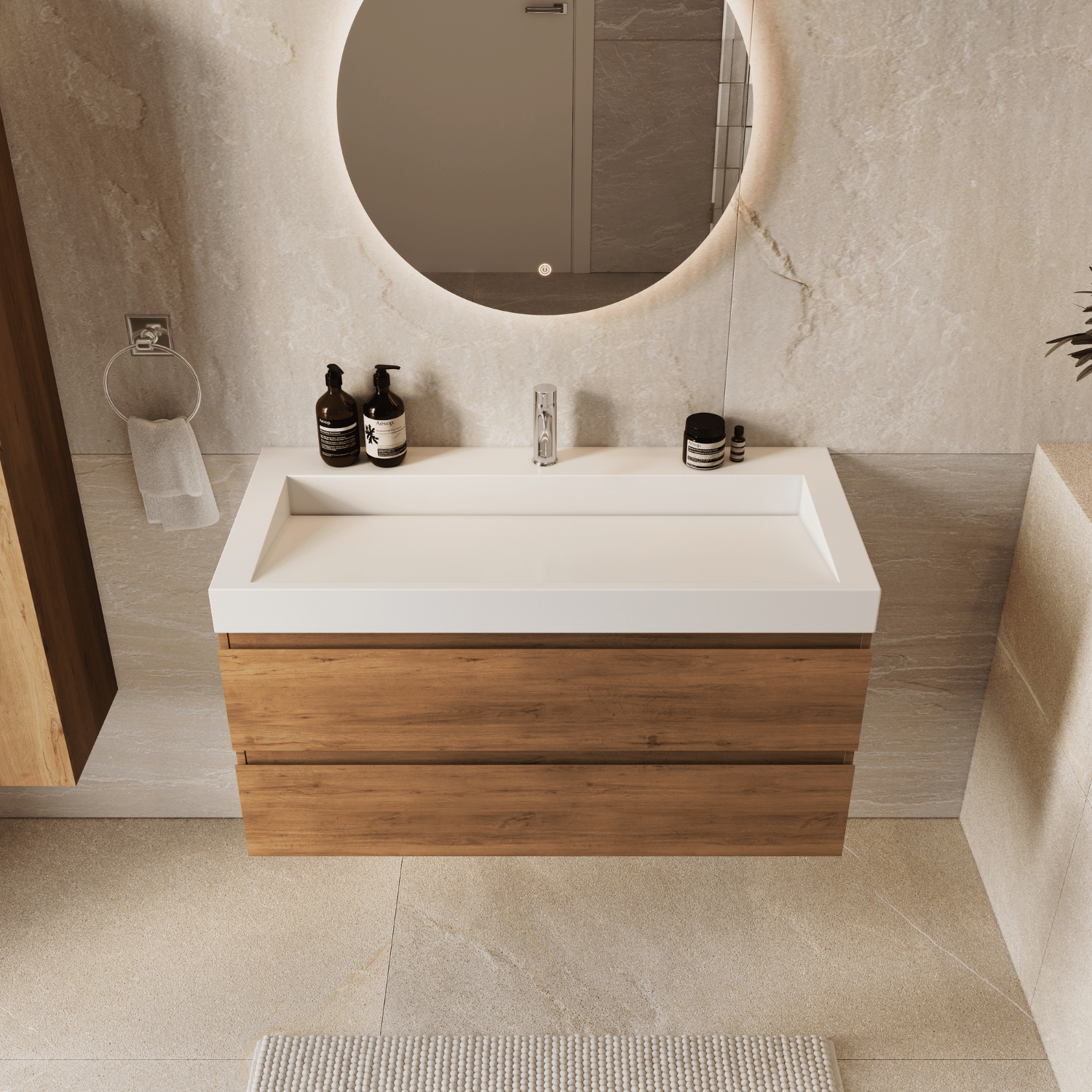 AZURO Warm Eiken - Wastafel Wit - Met Kolomkast - 100cm - lomazoo.com